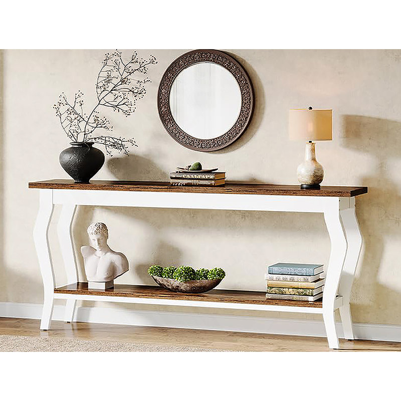 Console rétro vintage avec 2 tablettes, canapé extra long pour grands canapés modulaires et couloirs, rangement de vestibule blanc et brun
