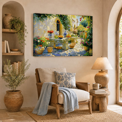 Courtyard Flowers and Fruit Table Wrapped Canvas Wall Art
