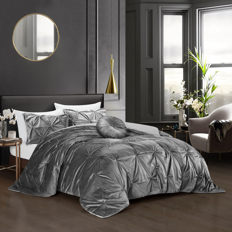 Ensemble d'édredon lavable en polyester gris à densité de tissage 130 fils, Très grand lit