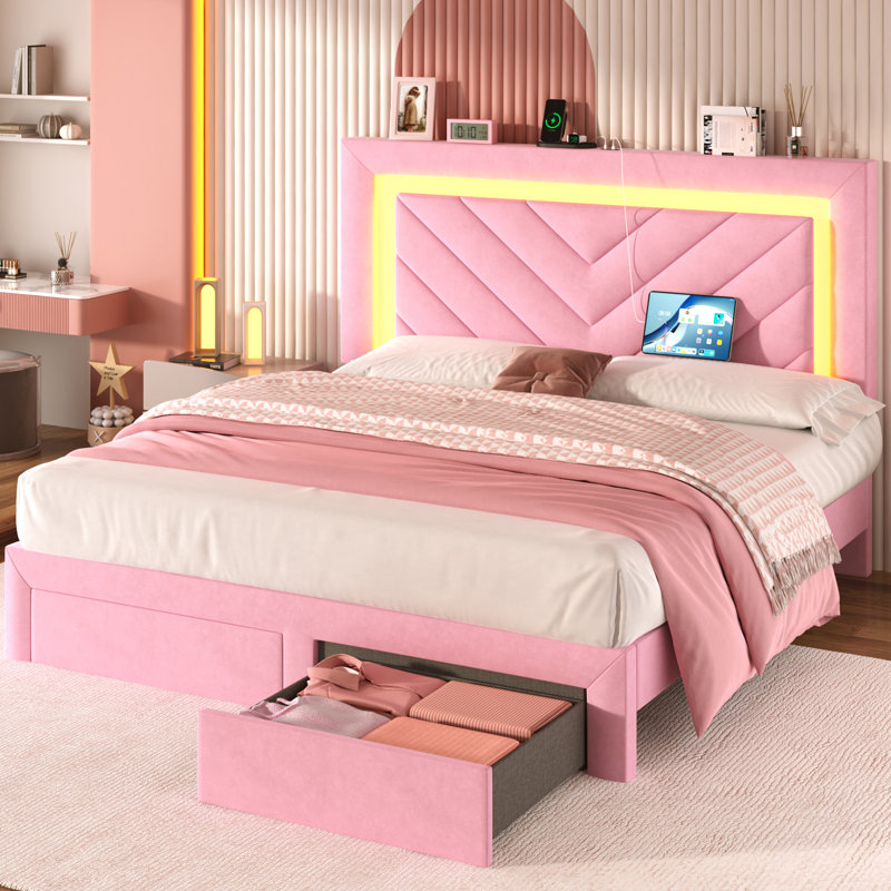 Upholstered Full Size Bed Frame With Adjustable Charged LED Headboard And Storage Drawers, Pink, Full / Double, Pink