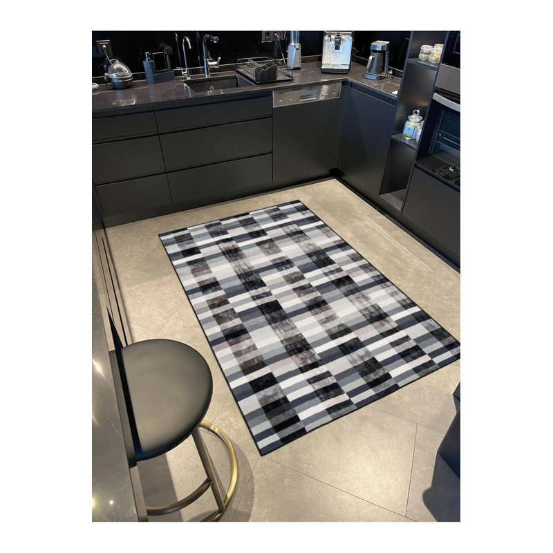 Striped Black Geometric Patterned Decorative Carpet, Runner 2'6" x 6'7"