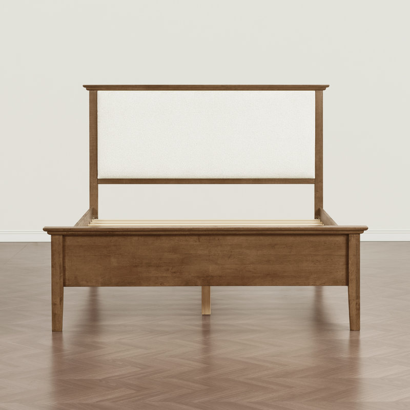 Eirene Farmhouse Solid Wood Platform Bed With Boucle Upholstered Headboard, Walnut, Queen