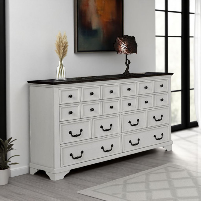 Grande commode Hamps, 8 tiroirs, structure en bois massif blanc et brun foncé
