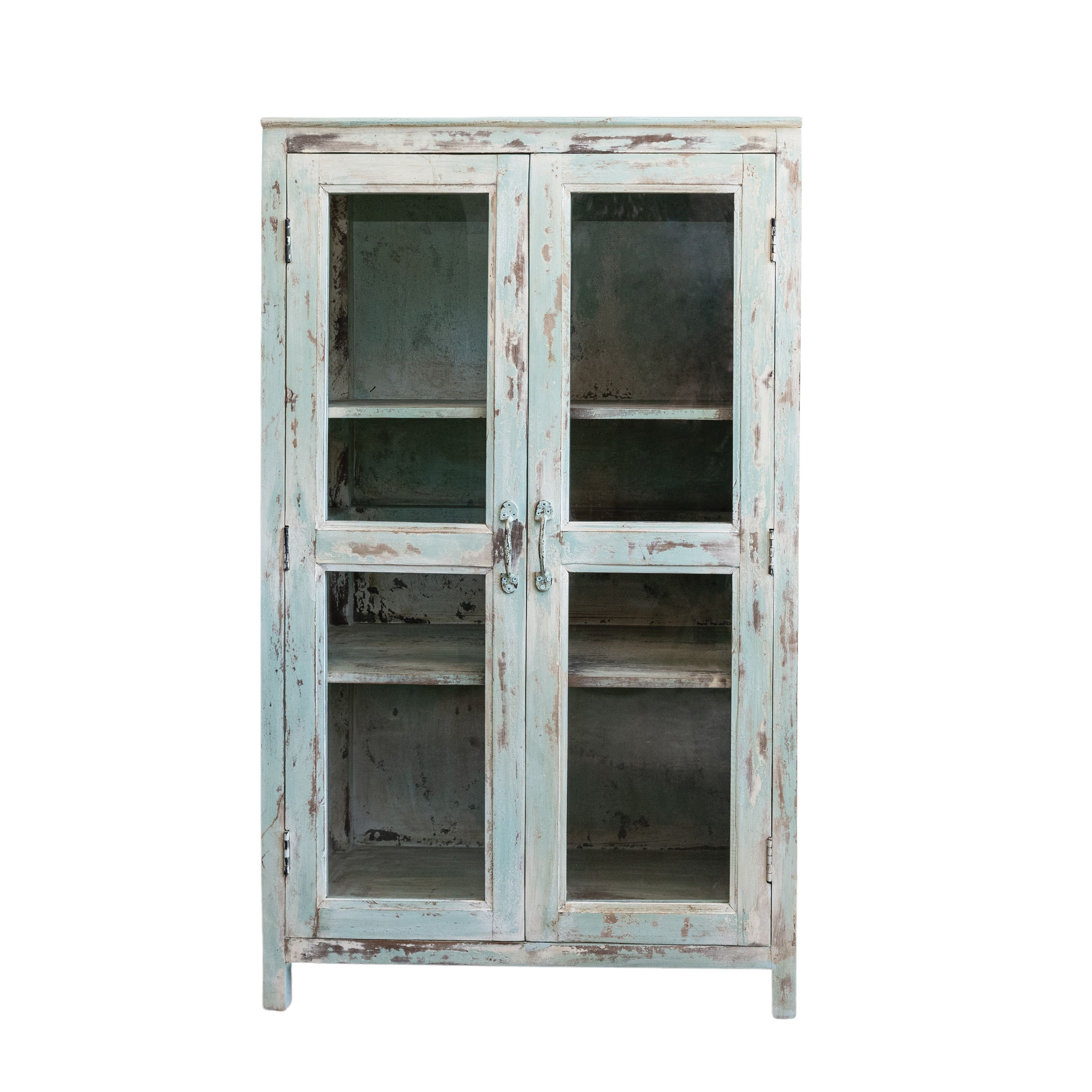 Gracie Oaks Heavily Distressed Mango Wood And Glass Vintage Reproduction Cabinet With Tin Sides | Wayfair