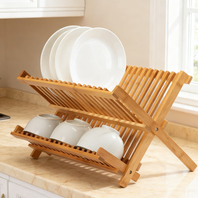 Collapsible Bamboo Dish Drying Rack With 14 Slots, 2-Tier Storage For Plates, Bowls, Cups, And Utensils, Space-Saving Foldable Design