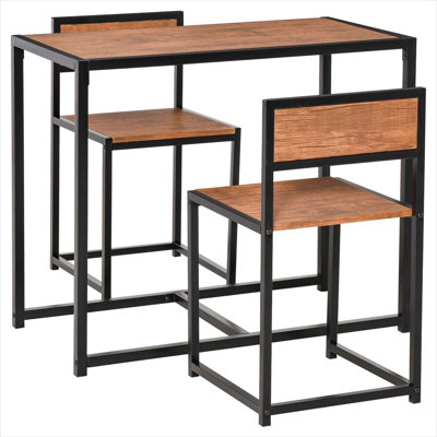Small Space Dining Table Set with 2 Low-Back Stools, Warm Brown MDF and Steel, Rectangle 35.5-Inch Table for Kitchen or Apartment