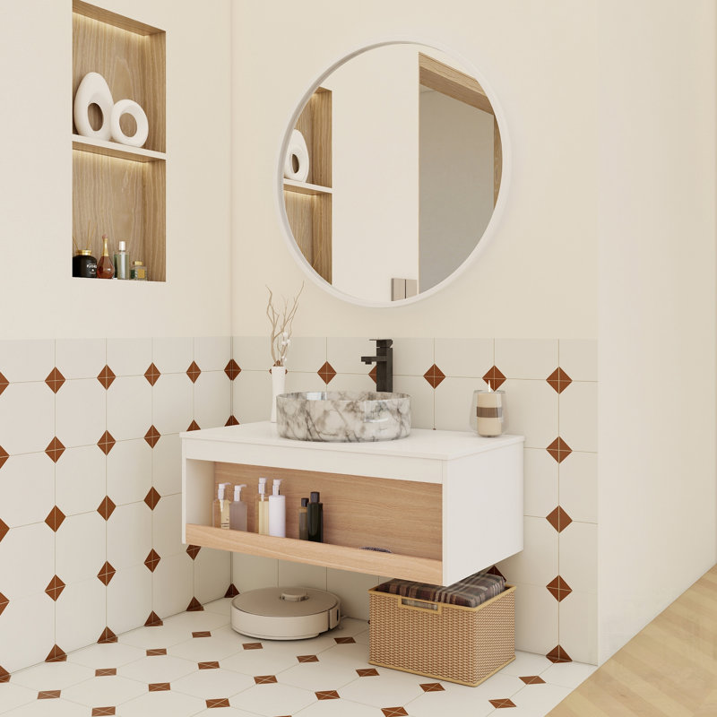 Meuble-lavabo flottant avec vasque en marbre veiné, fixation murale avec tablette ouverte, design moderne et peu encombrant
