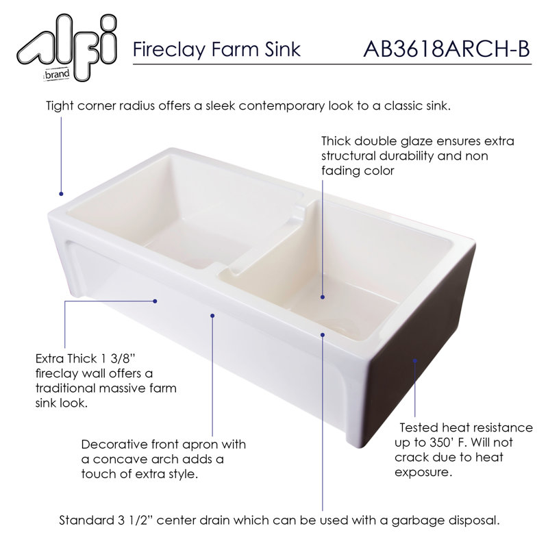 36'' L Double Bowl Fireclay Kitchen Sink, Biscuit