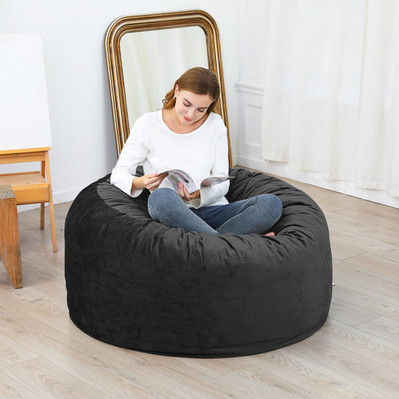Fauteuil à billes noir en mousse à mémoire de forme de 4 pi pour adultes, housse en microfibre douce et amovible, grand canapé confortable pour salle de jeux et chambre à coucher