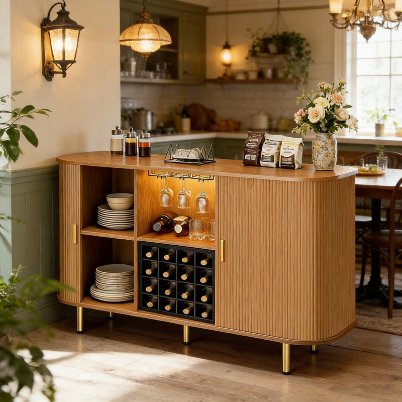 55" Modern Wine Bar Cabinet With Smooth Sliding Door & LED Lights, Coffee Bar Cabinet With Wine Rack And Glass Holder - Yellow Walnut