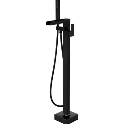 Bathroom Freestanding Tub Filler Matte Black Floor Mount With Flexible Hand Shower - Corrosion Accessory Waterfall Spout And Movable Faucet