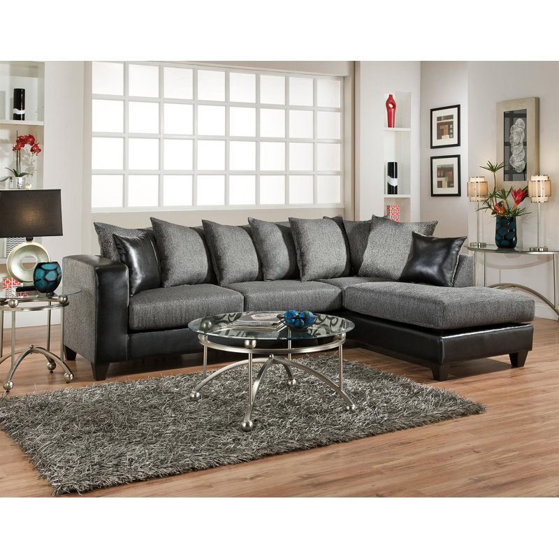 Upholstered Corner Chaise Sectional, Black Faux Leather/Gray Polyester Blend