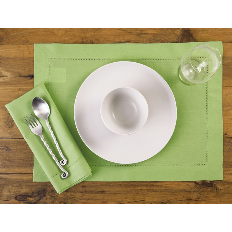 Cotton Linen Hemstitch Dinner Napkins, Apple Green