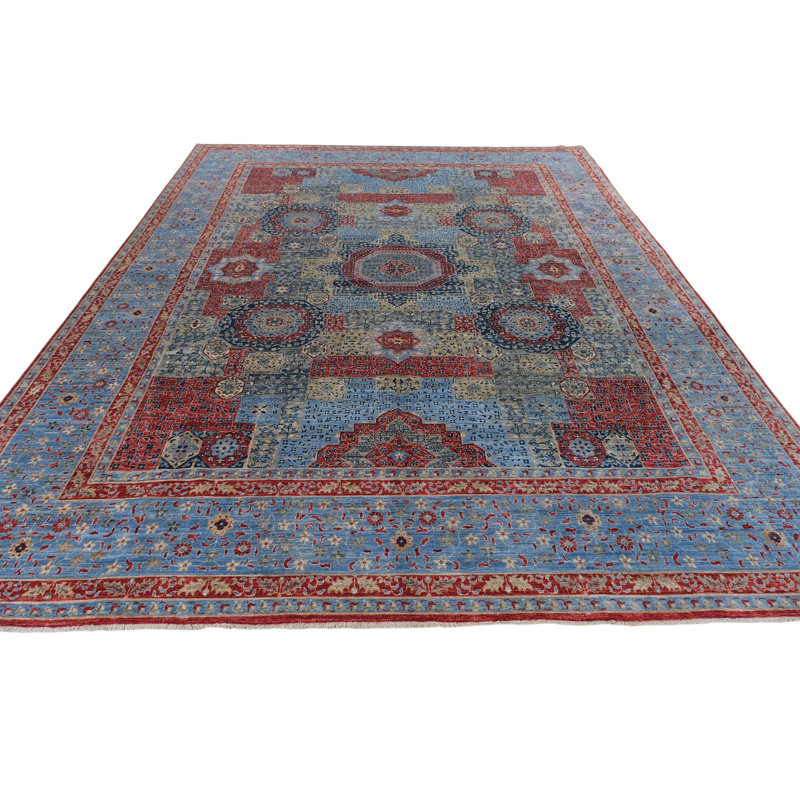 Hand Knotted Wool Area Rug in Silver And Blue