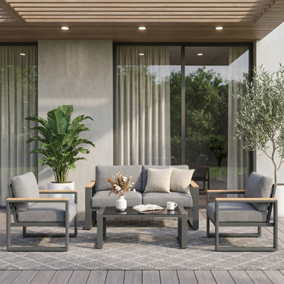 All Aluminum Outdoor Furniture Set for all Weather, 4-Person Patio Furniture Set with Wood Armrest for Skin-friendly Touch, 4-Piece Patio Conversation Set with Removable Cushions