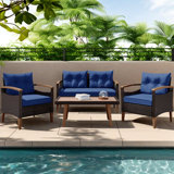 4 Pieces Outdoor Wicker Sectional Sofa With A 3-seat Sofa, 2 Ottomans, A Lifting Table, Retractable Canopy, Washable Cushions, Adjustable Backrest