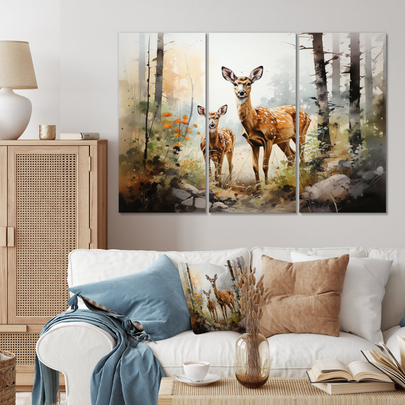 «Deers Whispering Woods II» sur toile, reproduction de 3 pièces, H 28 po x l 36 po x P 1 po