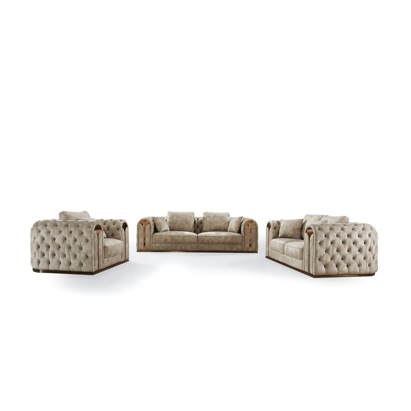 Ensemble de salon 3 pièces Khristy, Velours beige