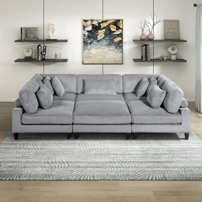 Loowit 120" Modern & Contemporary Corduroy 6-Piece Modular Sectional with Ottoman & 7 Matching Pillows, Gray Corduroy