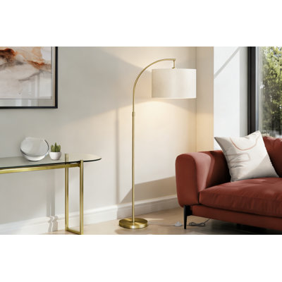 65" tall, floor lamp, brass metal, ivory/cream lampshade, modern style