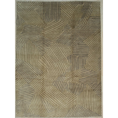 Stylish Beige Hand Knotted Gold Transitional Modern Handmade Wool Area Rug