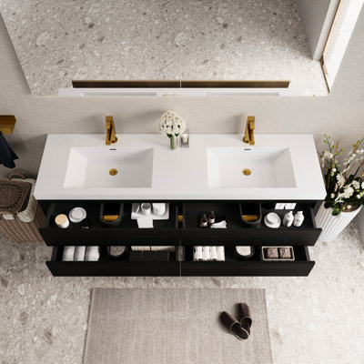 72" Wall - Mounted Bathroom Vanity With Sink, Floating Cabinet, Stone Resin Countertop, Soft Close Drawers, Fully Assembled Wood, Pre For An Easy Installation, Spacious Interior Storage, Sink Quick