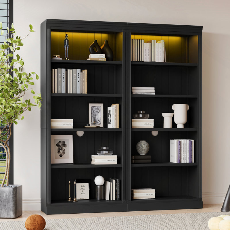 83.4" Tall Wood Bookcase With Light Strip, Black Duplicate 1, 83.4"H x 35.83"W x 15.35"D