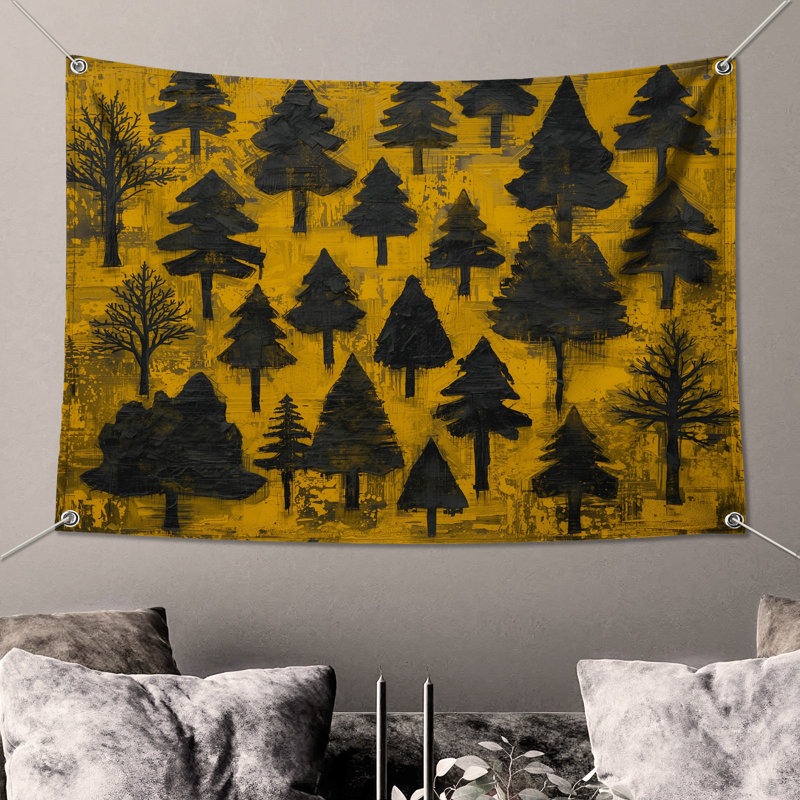 Tapisserie «Trees On Yellow» - Décoration murale arbres, H 68 po x l 80 po avec 4 œillets