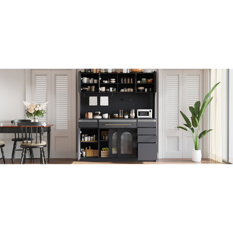 Freestanding 63'' W Buffet With Hutch, Large Coffee Bar Storage Cabinet With 6 Drawers, 5 Cabinets With Adjustable Shelves,Pegboard,Towel Rack, Power Outlet,Black