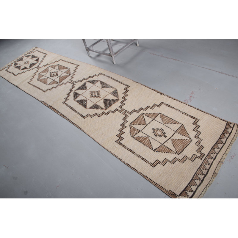 Tapis de couloir turc fabriqué à la main en blanc Herki pour cuisine ou escalier - style rétro, 9227