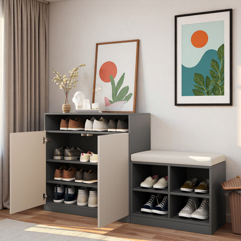 Stylish Shoe Cabine With 2 Doors, 3-tier Adjustable Shelves, Open Space, Hooks, Shoe Bench With 4 Open Shoe Racks And Removeble Cushion