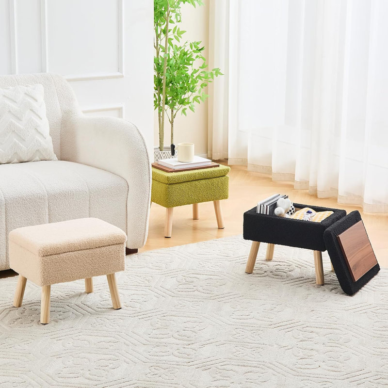 Petit tabouret d'appoint avec repose-pieds en bois, Beige