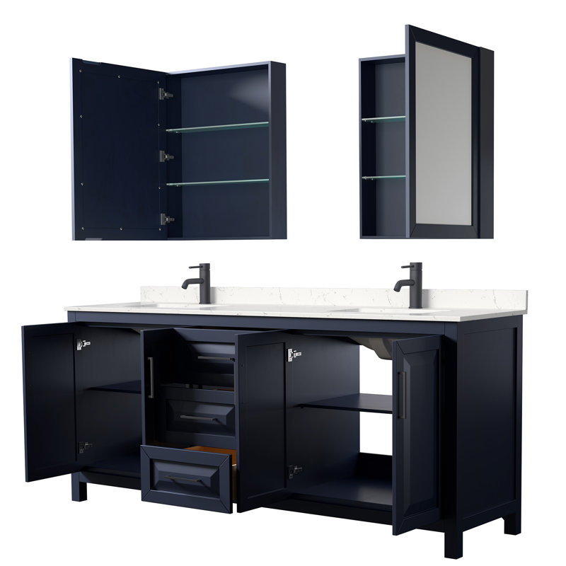 Daria 80'' W Double Vanity, Brushed Gold, Carrara Cultured Marble, Dark Blue