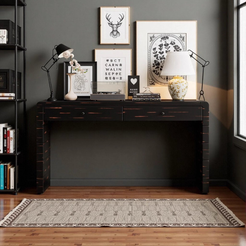 Console noire patinée avec 2 tiroirs de rangement, table d'entrée en bois rustique pour le couloir, 55 po, Noir