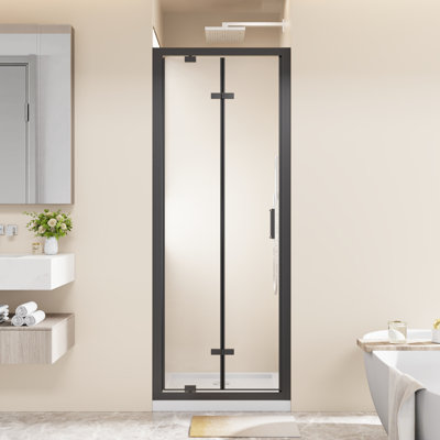 Porte de douche à double pivot pliable avec cadre 28 po x 72 po, cabine de douche pliante et compacte, verre trempé transparent de 1/4 po avec poignée en acier inoxydable, installation réversible, noir