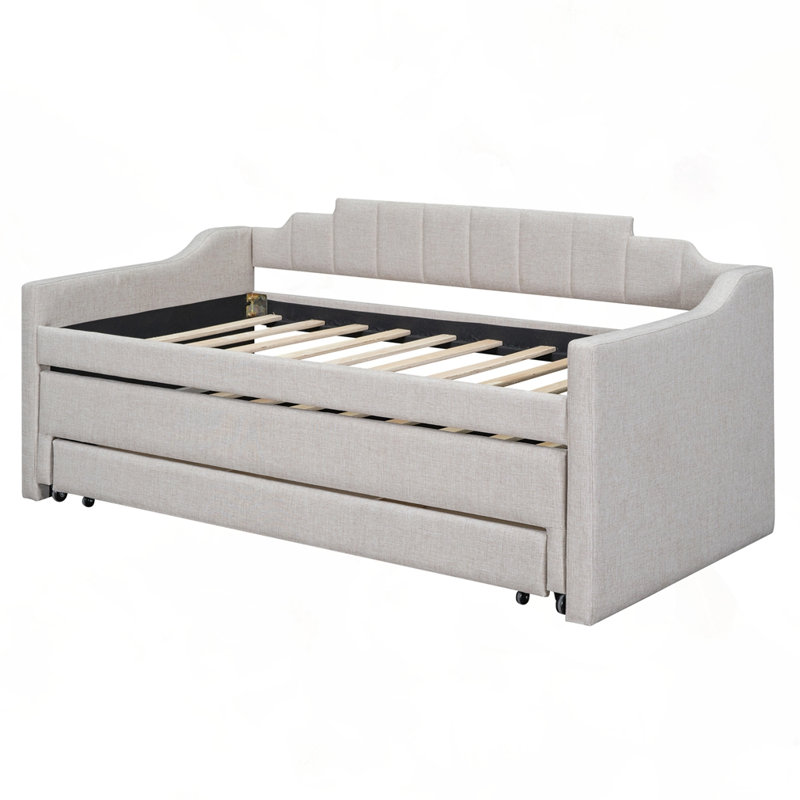 Upholstered Daybed with Trundle and Three Drawers, Beige