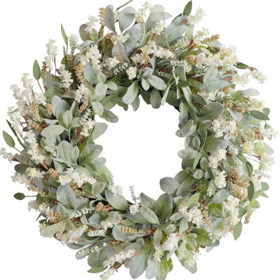 24" Ivory Flower & Lamb's Ear Wreath, Rustic Farmhouse Decor for Front Door