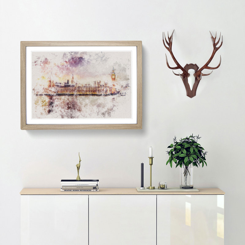 Big Ben & Houses of Parliament Watercolour - Picture Frame Graphic Art Print, 45cm H x 63cm W x 2cm D, Oak Framed