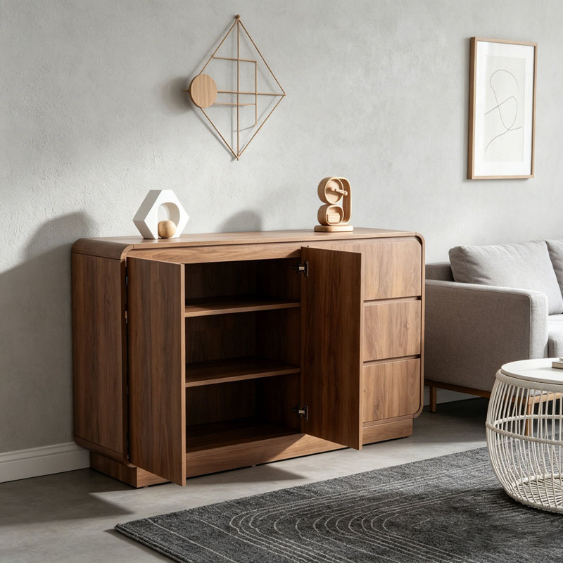 Armoire de rangement de 55,1 po de largeur avec 2 portes et 3 tiroirs, Noyer