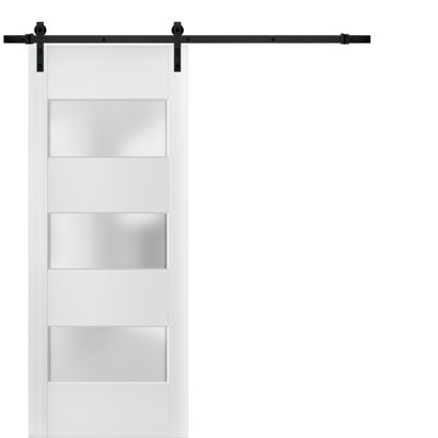 Porte de grange robuste en verre givré 3 lumières | Lucia 4070 | Ensemble de quincaillerie lourde 6,6 pi | Portes intérieures solides