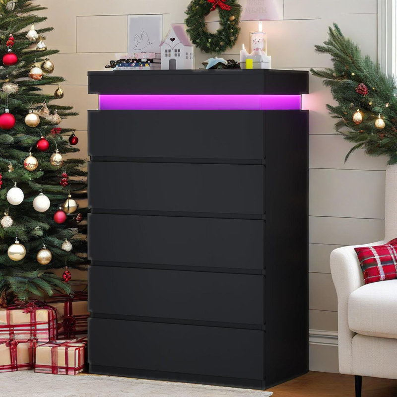 Commode verticale moderne à 5 tiroirs avec lumières DEL sensibles à l'humeur et finition ultrabrillante - Conception compacte et peu encombrante pour les chambres à coucher et les salles de jeux