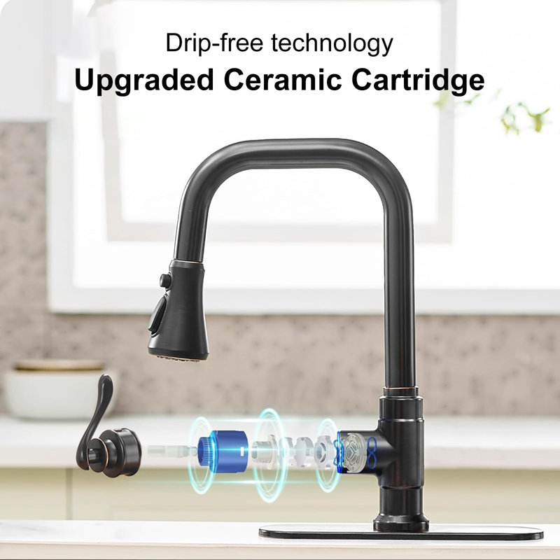 Spring Single Handle Pull-Down Sprayer Kitchen Faucet Deckplate Included In Oil Rubbed Bronze, Oil Rubbed Bronze