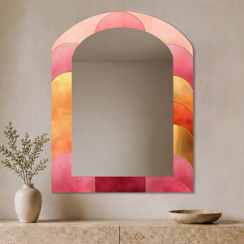 Miroir mural abstrait arqué abstrait contemporain I - rose et or II, imprimé sur métal, 43" x 33"