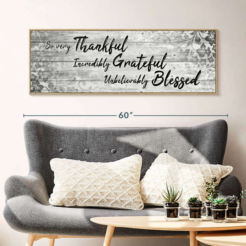 Plaque murale «Thankful Grateful Blessed IV», Cadre flottant en bois naturel, 49 po x 17 po