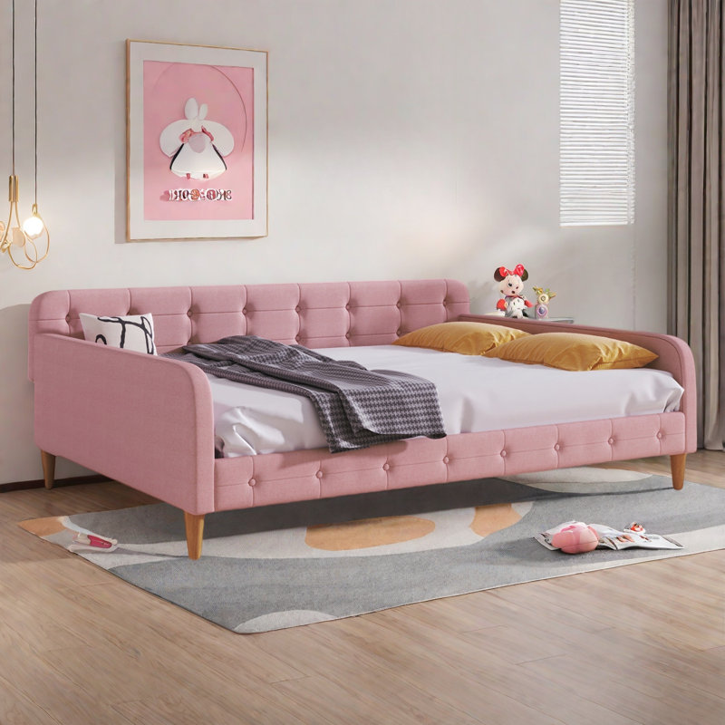 Modern Upholstered Daybed With 4 Support Legs And Button Tufted Design, Pink