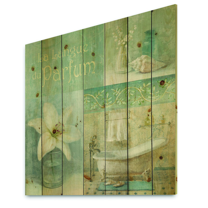 Reproduction d’art sur bois, "salle de bain lys parfum de bain", H 30 po x l 30 po x P 1 po