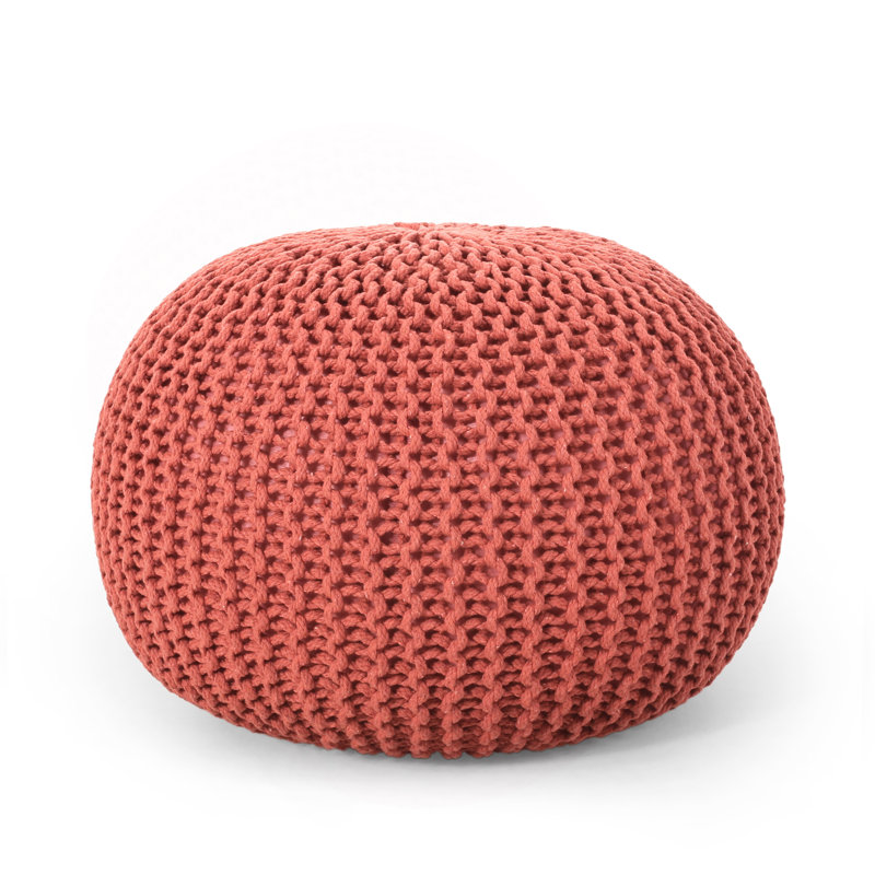 Knitted Cotton Round Pouf, Coral