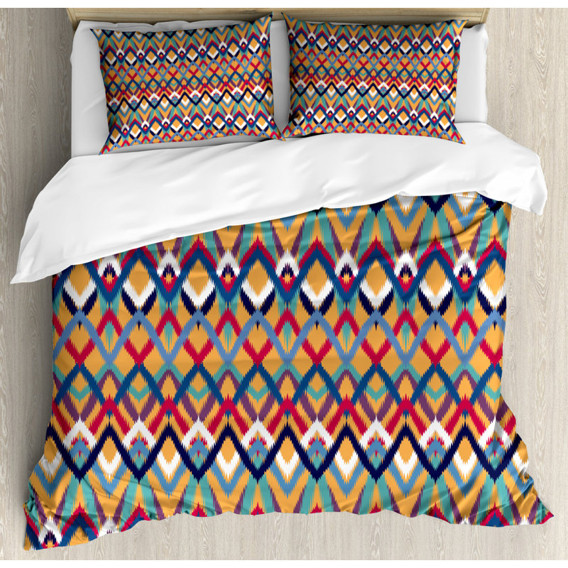 Colorful Geometric Ikat Pattern Queen Duvet Cover Set