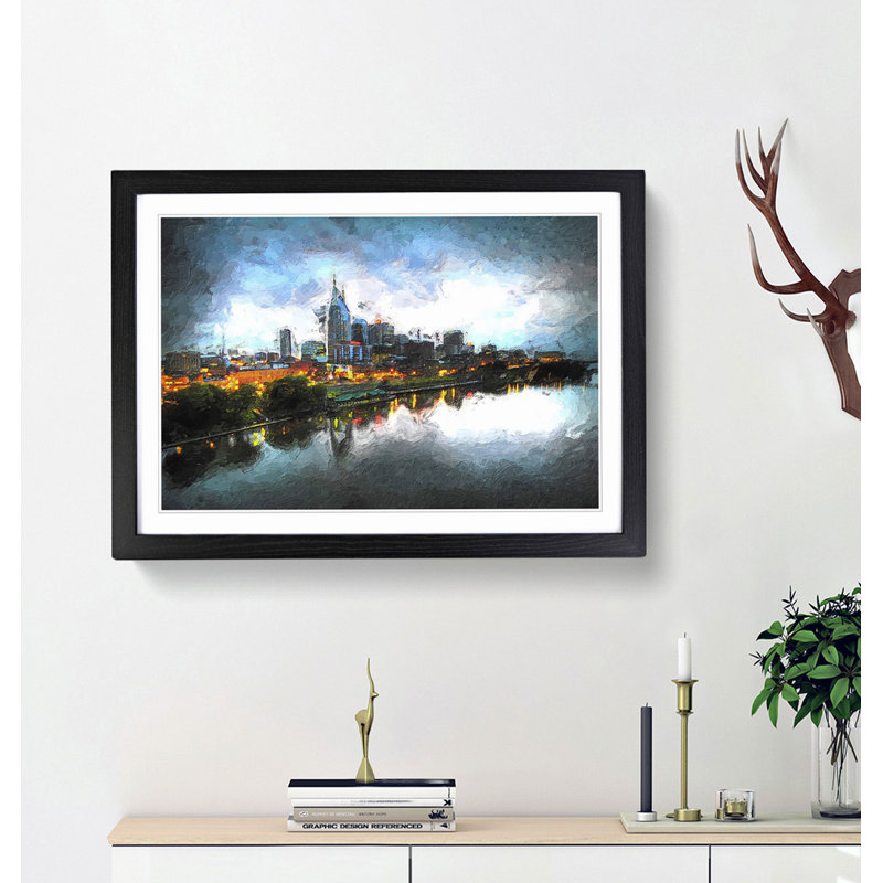 Nashville Tennessee Skyline at Night - Picture Frame Painting Print, 48cm H x 65cm W x 2cm D, Black Framed
