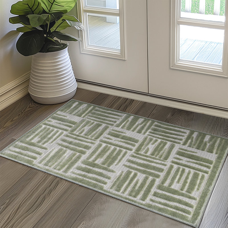 Tapis turc à motif écossais à poils longs d'extérieur écossais vert / crème pour patio, terrasse, porche ou entrée, Vert